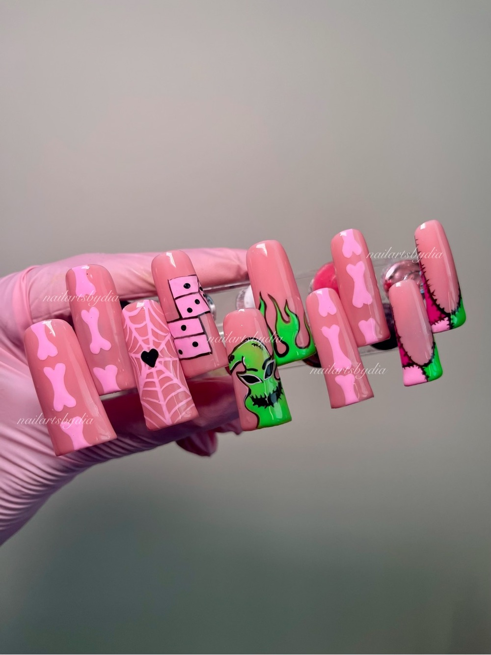 Pink & Green Press-On Nail Art Set - Cute Bone and Monster Designs